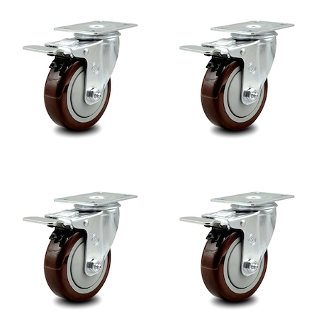 Service Caster 4 Inch Maroon Polyurethane Swivel Top Plate Caster Set with Total Lock Brake SCC SCC-TTL20S414-PPUB-MRN-4